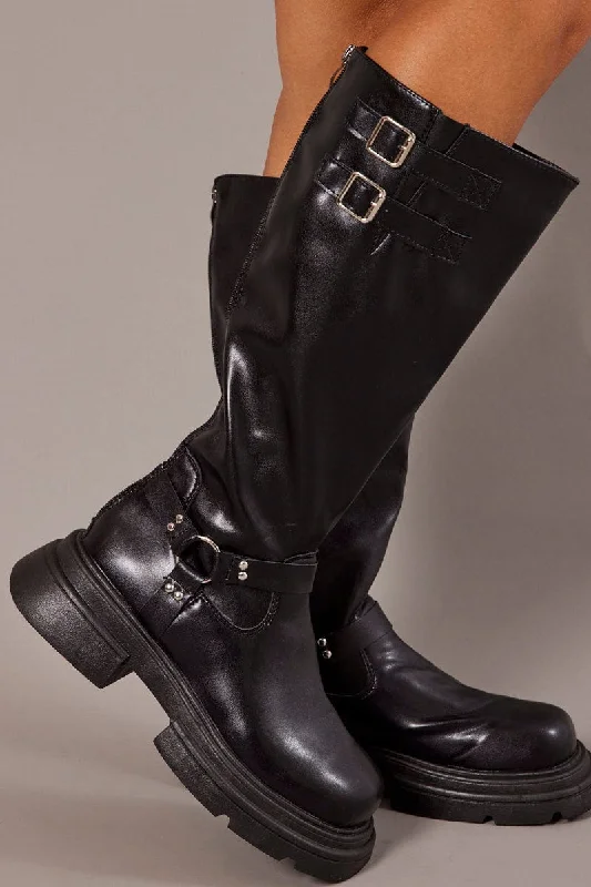 Black Chunky Knee High Boots Biker Boots