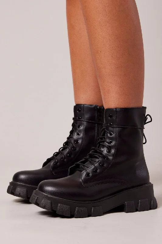 Black Chunky Lace Up Ankle Boots