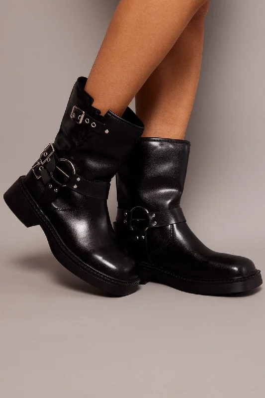 Black Multi Buckle Biker Boots