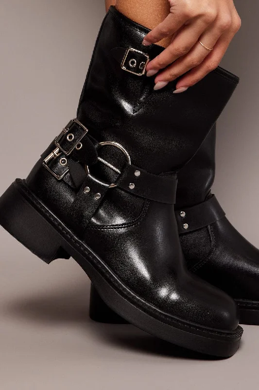 Black Multi Buckle Biker Boots