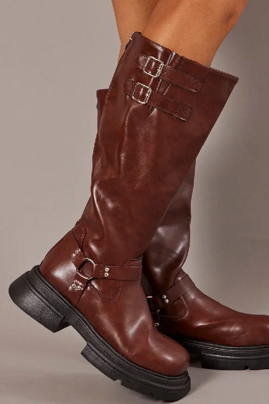 Brown Chunky Knee High Boots Biker Boots