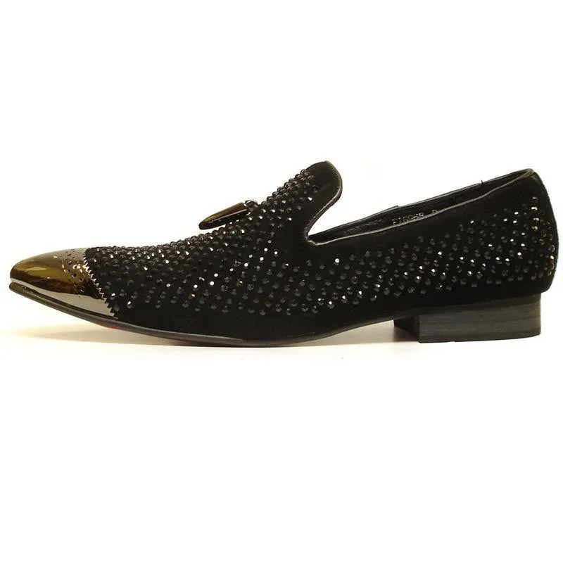 Fiesso Black Suede With Black Crystals and Metal Tip Slip-on Shoe FI 6968