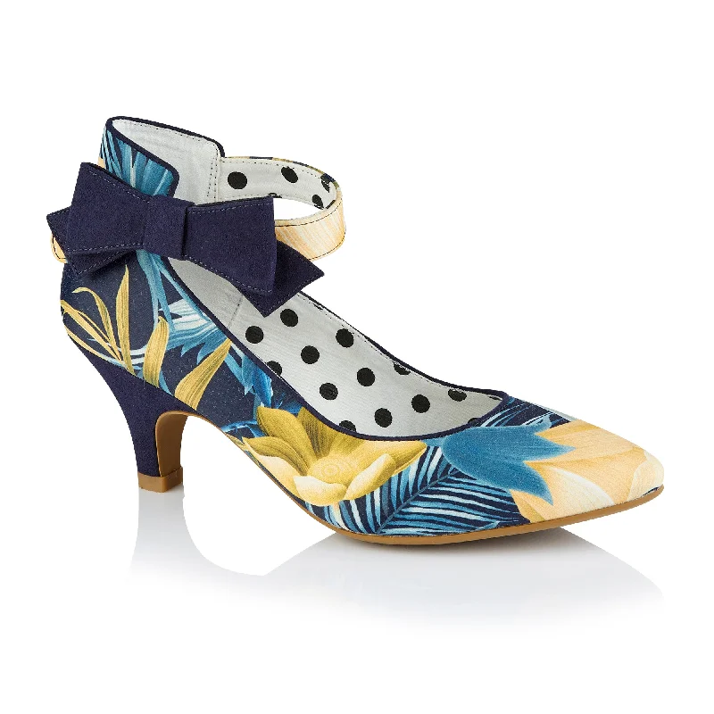 Eden Navy Blue & Yellow Floral Low Heel Pointed Shoes by Ruby Shoo