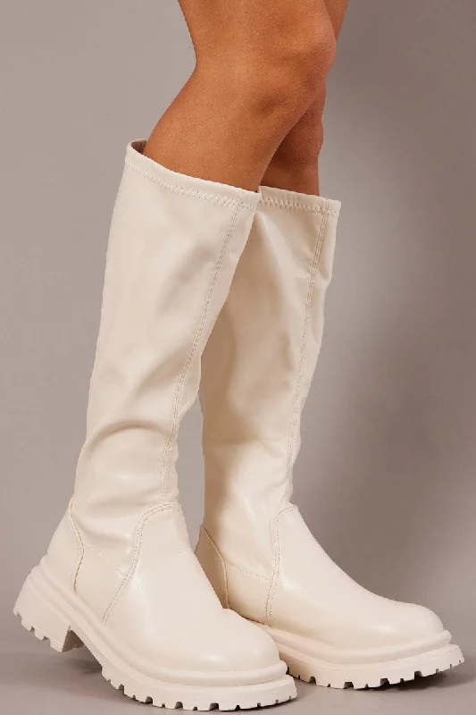 White Chunky Knee High Boots