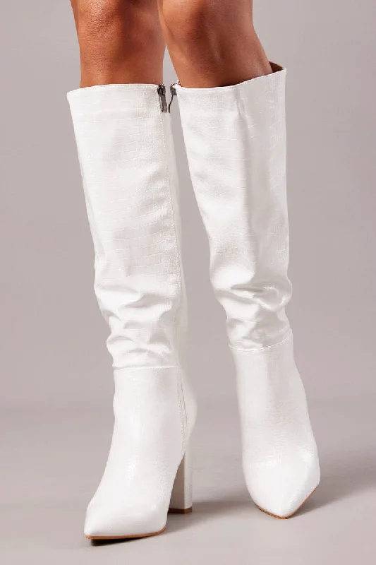 White Heeled Knee High Boots in Croc