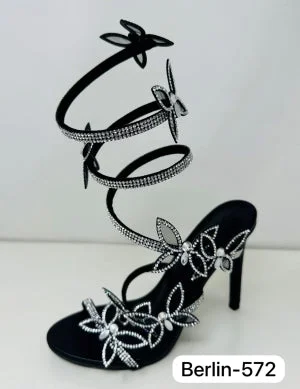 Wild Diva Berlin-527 Diamante Butterfly Detail Ankle Wraparound Rhinestone Strap Platform Stiletto Heel Sandals-Black